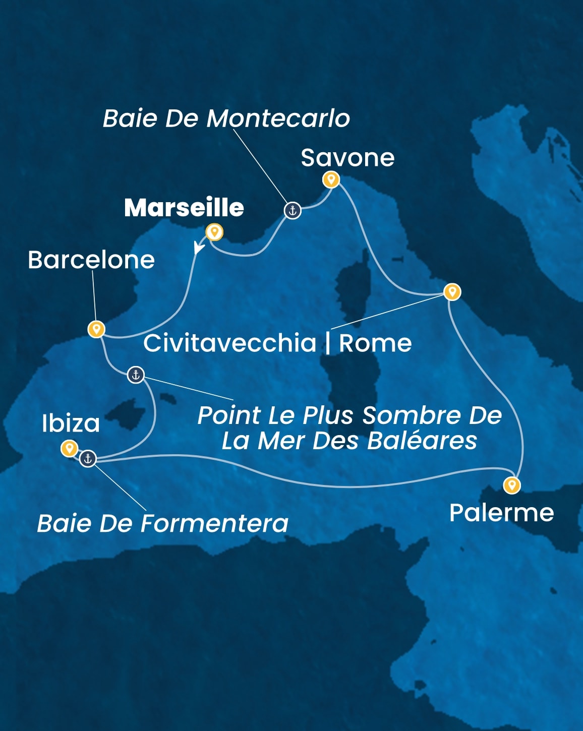 Costa Toscana – zvanična Costa mapa letnje rute preko Ibice: Savona, Marsej, Barselona, Ibica, Palermo i Rim